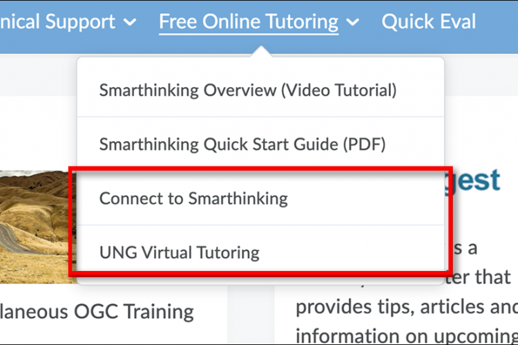 Home page of D2L with Free Online Tutoring menu dropped down, Smarthinking and UNG Virtual Tutoring highlighted