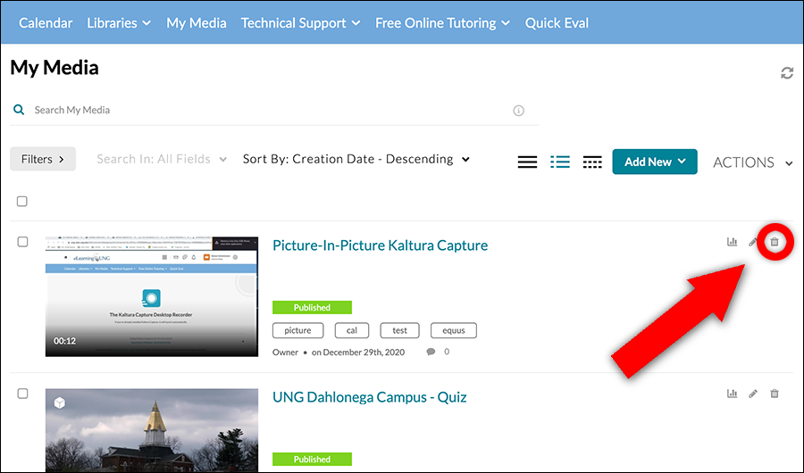 My Media page in D2L with arrow pointing to trash can icon on right side of page