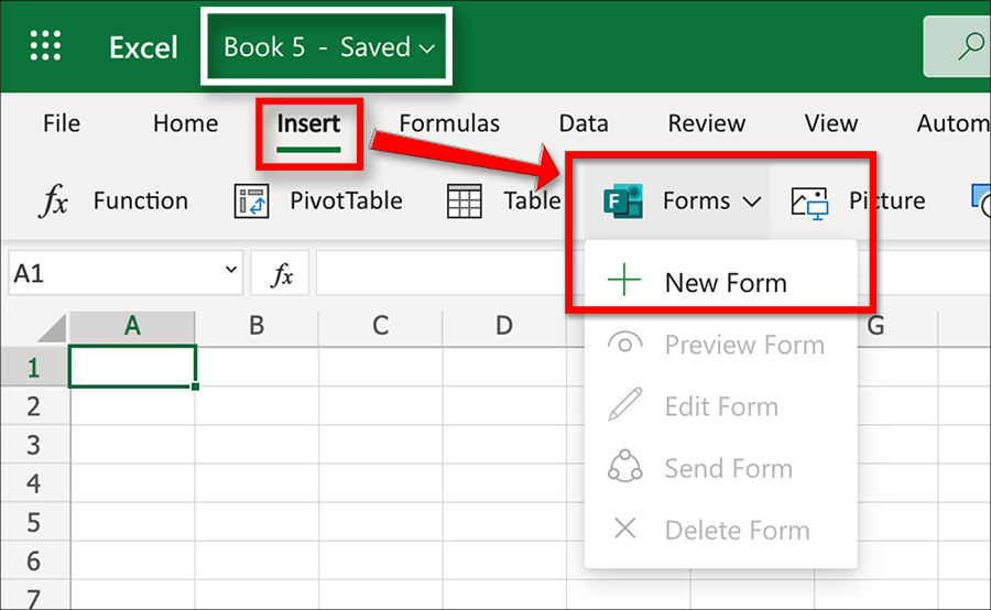 After creating an Excel spreadsheet, click the title to change it, click insert from the tabs, next to Home, click Forms from the row below and select New Form from the drop down menu