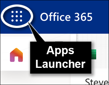 Office 365 Apps launcher in the top left corner of Microsoft 365.