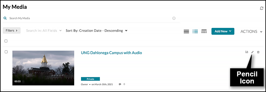 My Media section of D2L shows one video with the pencil icon highlighted.