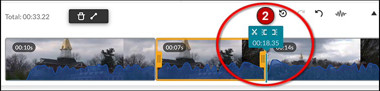 Video timeline with Timeline Marker to the right of the first clip. After the cut, the middle clip is highlighted in yellow.
