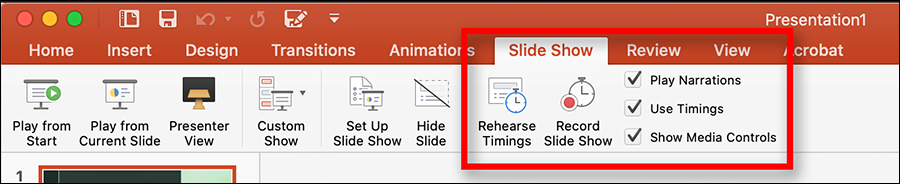 PowerPoint Ribbon with Slide Show section open. Play Narrations, Use Timing, and Show Media Controls are checked.
