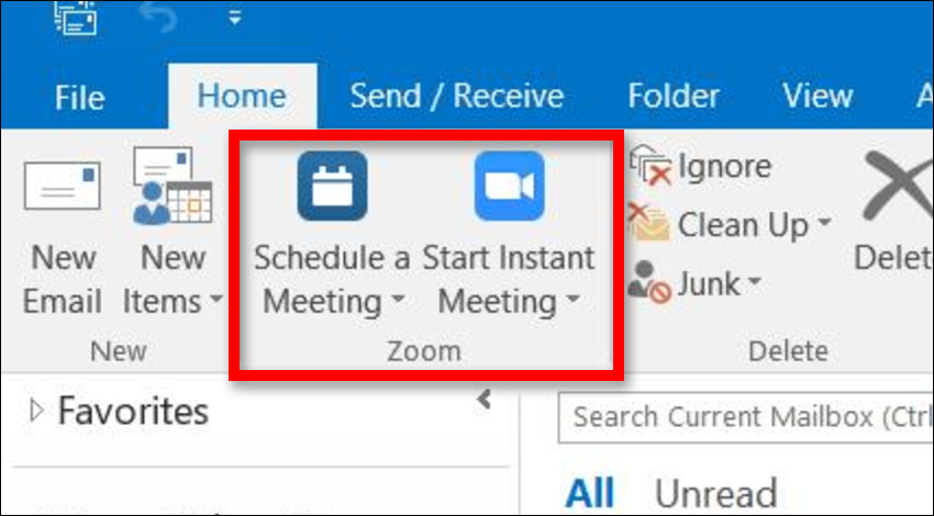 Top left of Outlook ribbon display with Zoom highlighted