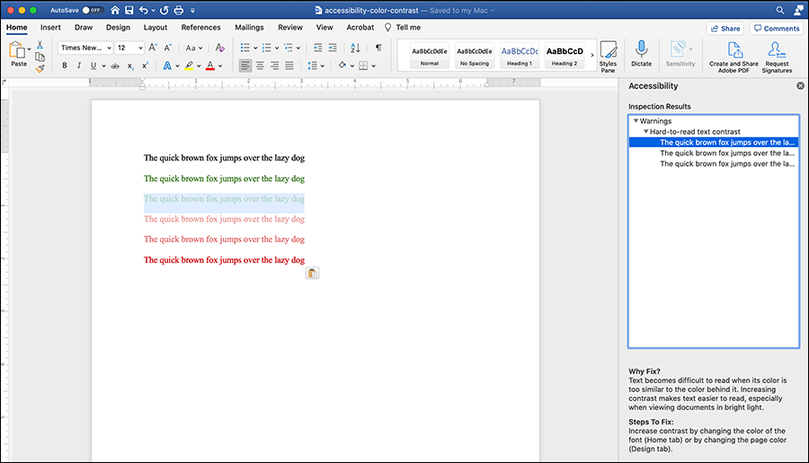 Word document with colored text highlighted. On right side, accessibility checker provides a Warning for hard-to-read text contrast with steps to fix it.