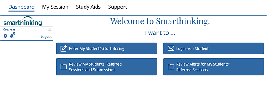 The dashboard buttons are (from top left, clockwise) Refer My Student(s) to Tutoring, Login as a Student, Review Alerts for my Students' Referred Sessions, and Review My Students' Referred Sessions and Submissions.