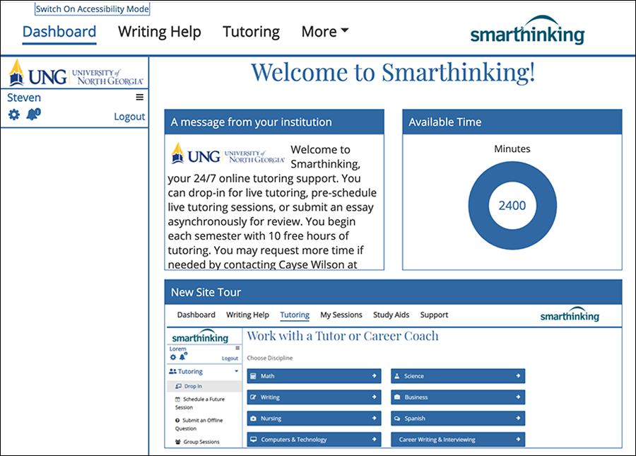 Student's view of Smarthinking with graph of minutes available and links to writing assistance and tutoring
