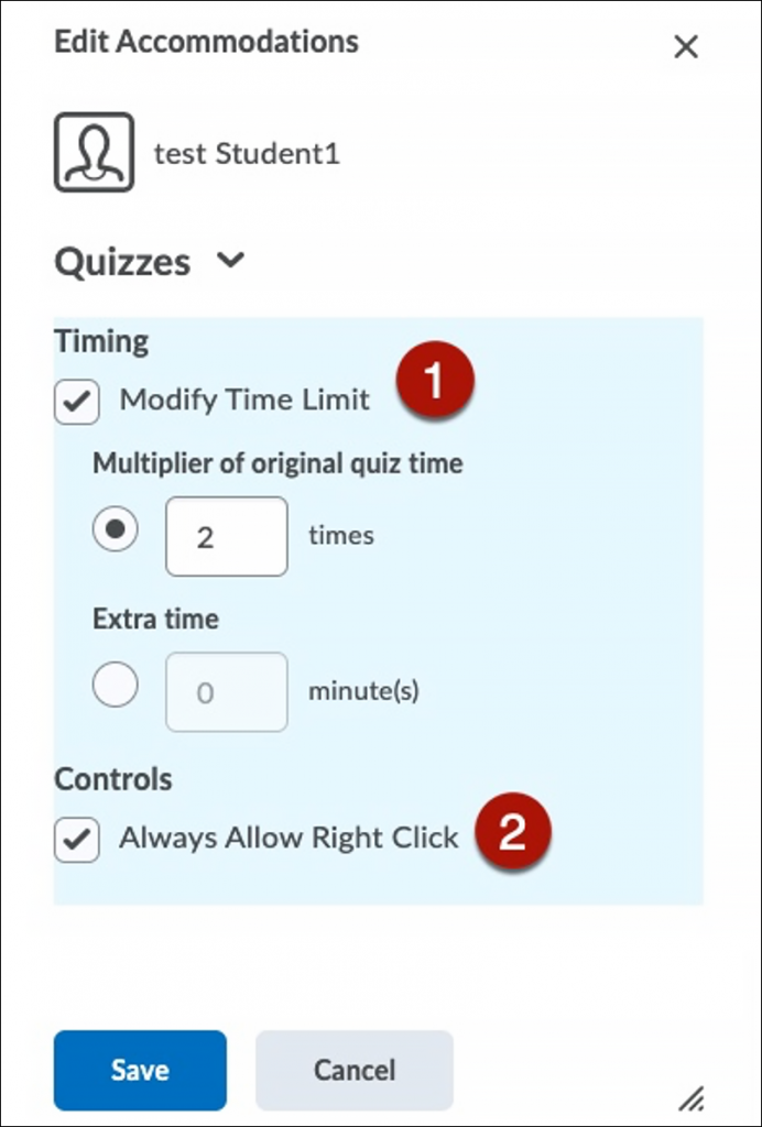Edit Accommodations section has checkbox to turn on extra time and always allow right click for this student, in all quizzes in this course