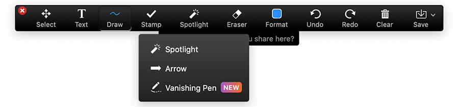 Zoom Whiteboard tools. Spotlight is between stamp and eraser. Spotlight, Arrow, and Vanishing Pen tools are in Spotlight menu.