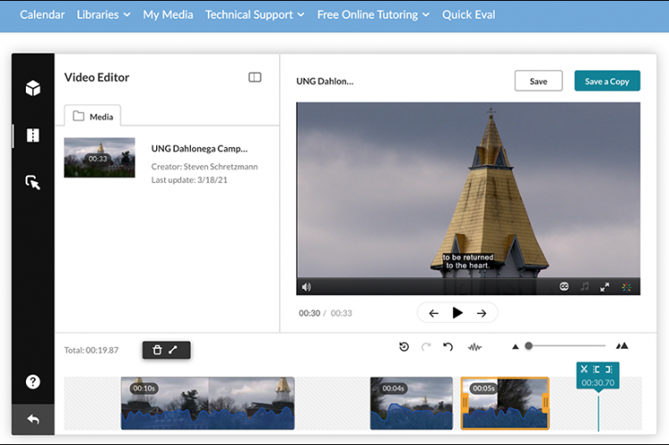 Screenshot of Kaltura Video Editor showing large video player with timeline along the bottom.