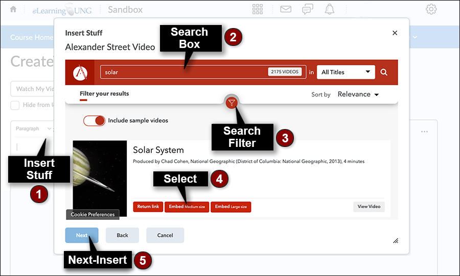Alexander Street video window with search box, filter icon below it, sabe button on bottom left