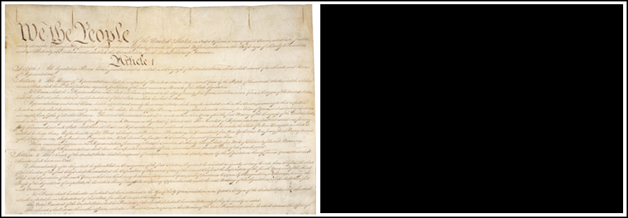 First page of the Declaration of Independence next to blank rectangle of same shape.