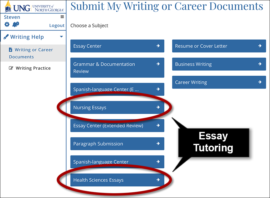 Written essays can be submitted to Nursing or Health Science tutors for review.