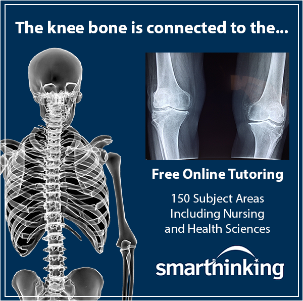 Text: The knee bone is connected to... Free Online Tutoring, 150 Subject Areas including nursing and health sciences. Smarthinking. Image of skeleton and knee X-ray