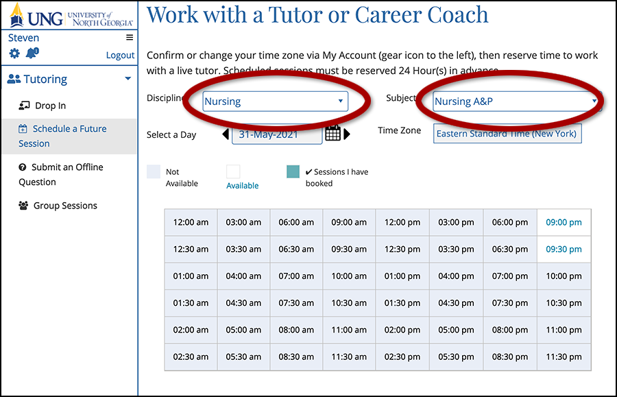 Work with a Tutor page with menu for Discipline, Subject, calendar date and times available