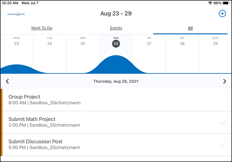Pulse app Calendar shows a week of events entered into the calendar. The more events, the higher the blue wave graphic. Click the event below to see details.