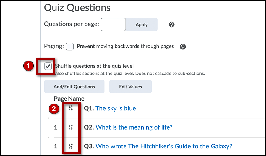 Quiz Questions page in D2L has Shuffle pages checked and quiz questions, below Add/Edit Questions button, with randomized arrow icons next to questions