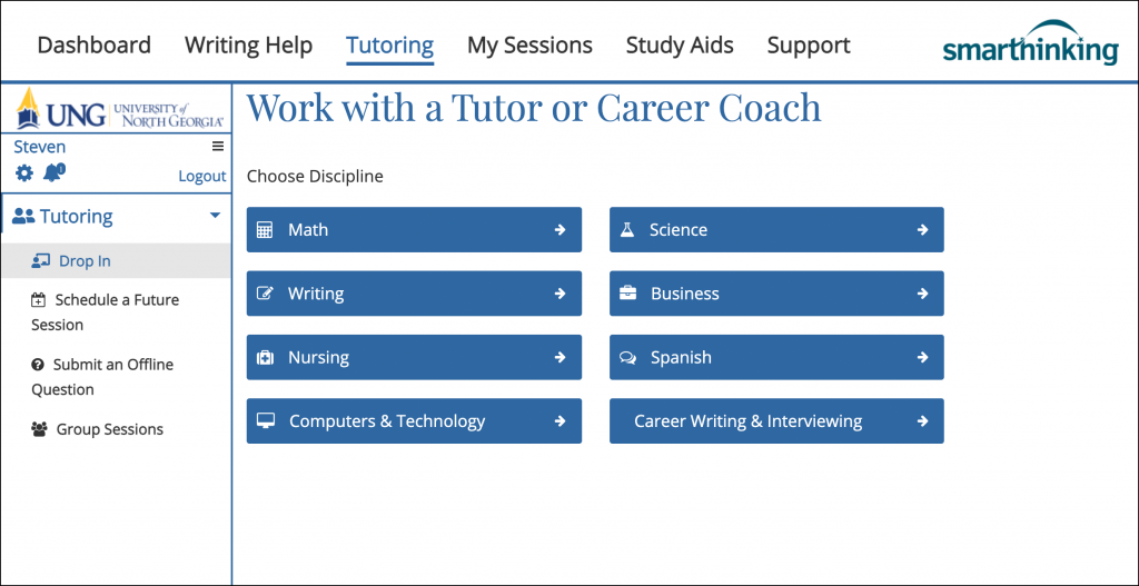 Student view of Smarthinking tutoring section
