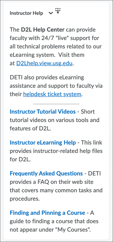 Homepage of eLearning@UNG with Help links for instructors