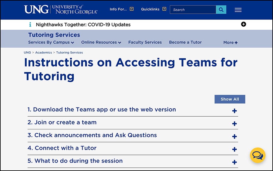 Instructions for Accessing Teams for Tutoring including download the Teams app, join or create a team, check announcements, connect with a tutor , become a tutor
