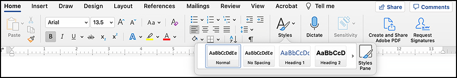 The top left link in Word is Home. Styles section has a Heading gallery drop-down menu with the Styles Pane on the right side of the menu.