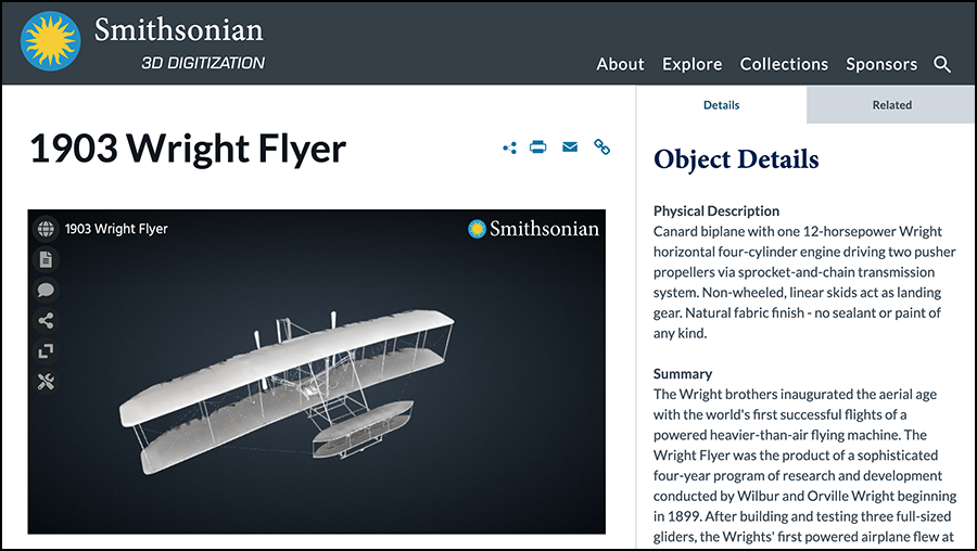 Smithsonian website with 1903 Wright Flyer in 3D. Flyer image is on the left. Details about the plane and the Wright brothers is on the right side.