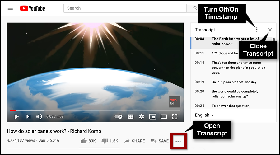 YouTube video page with with the transcript and timestamp on the right side of the video player.