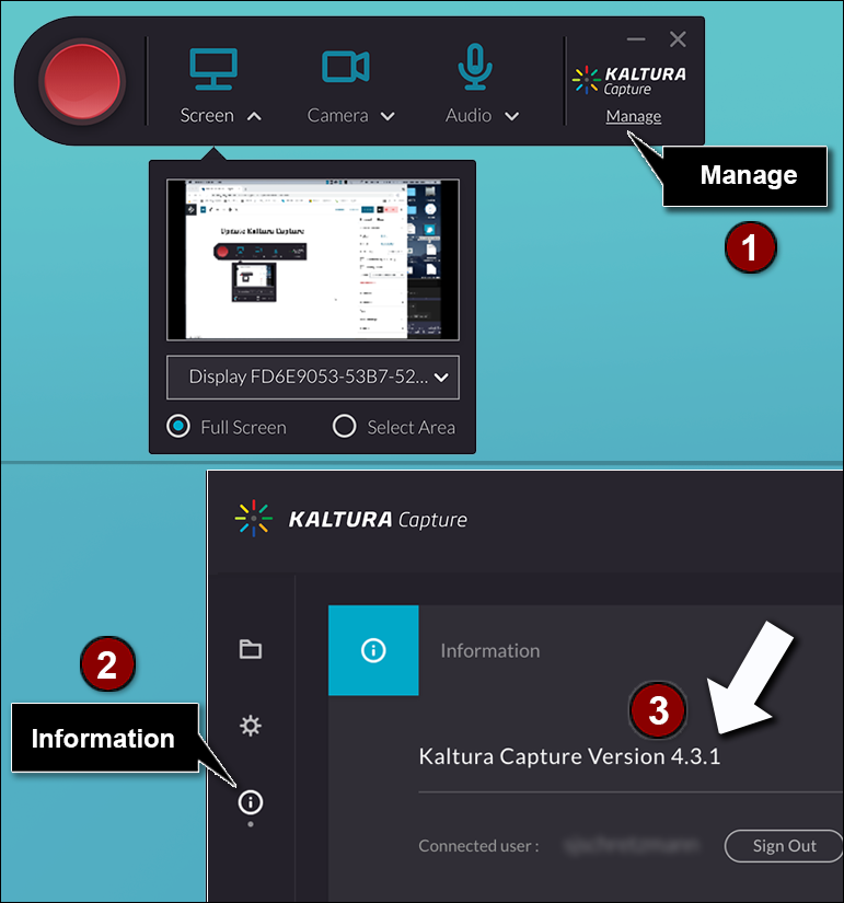 Kaltura Capture Recorder has Manage link on right side below the logo. "i" (info) icon on Manage window is below the gear icon on left side.