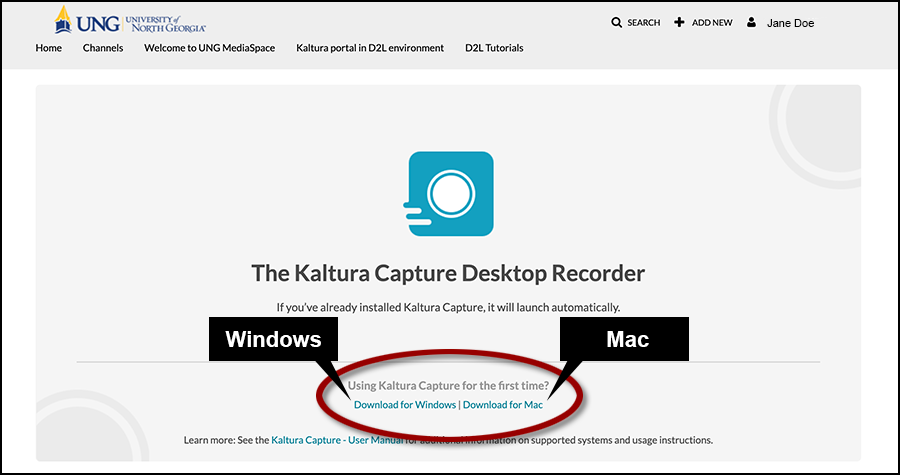 The Kaltura Capture page includes Download for Windows and Download for Mac links below the text Using Kaltura Capture for the first time?