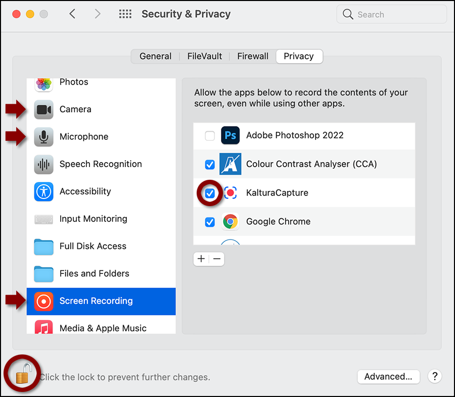 Mac Security & Privacy window has items such as Camera, Microphone, Speech Recognition, and Screen Recording on left side, when clicked, apps appear in right window.