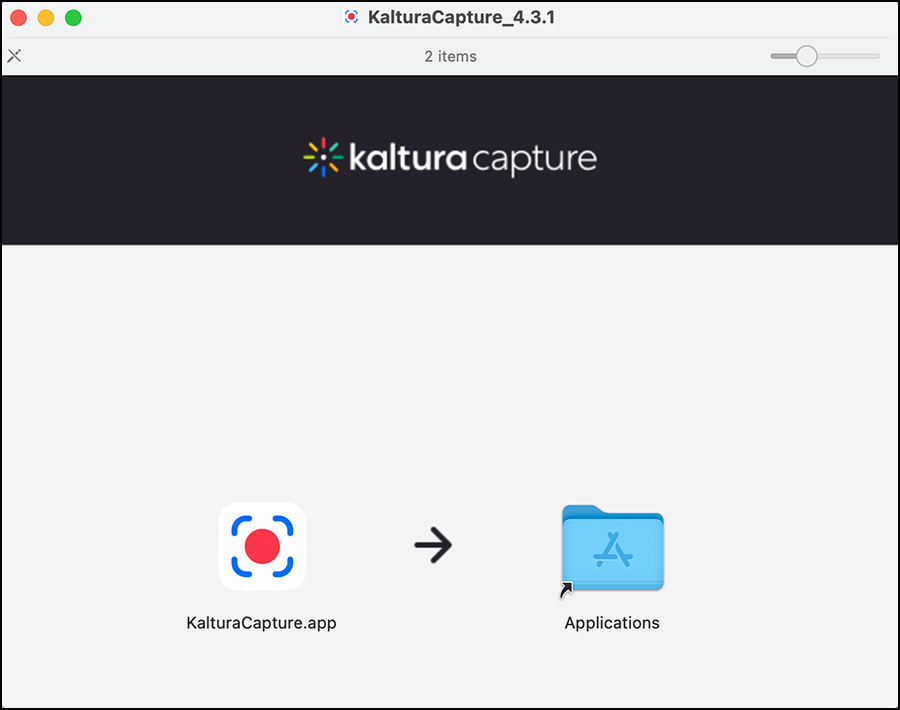 The Mac Kaltura Capture installation window has the icon of the app at left, a right arrow, and a shortcut to the Applications folder on right.
