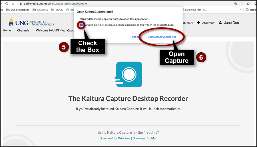 Open KalturaCapture app dialog box provides a checkbox to allow the app to open when accessing Kaltura Capture from My Media.