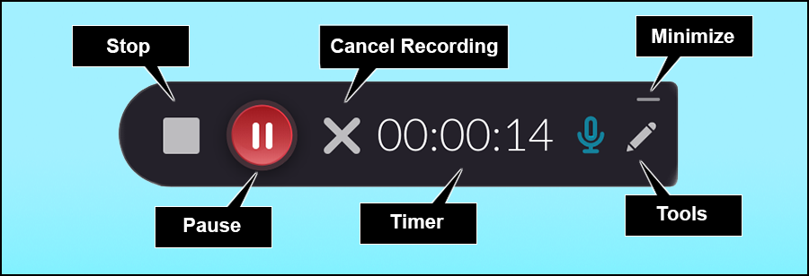 Recording monitor has from left stop button, pause button, cancel recording (an X), timer clock, microphone icon and pencil (tools) icon.