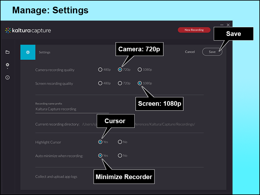 settings has new recording button on top right, cancel and save buttons, camera recording quality, screen recording quality, recording directory link, highlight and auto minimize radio buttons