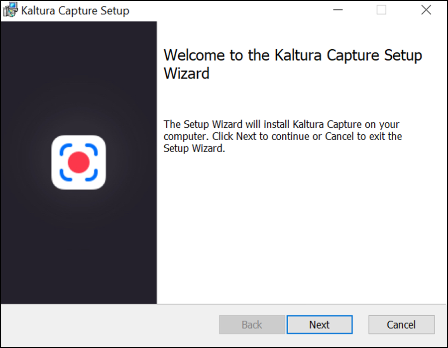 Kaltura Capture Setup Wizard with Back, Next, and Cancel buttons. on the bottom right