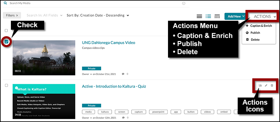 My Media repository with Actions button on top right. Actions icons or on the right side of each video in detailed view. Checkbox is on the left side of each recording.