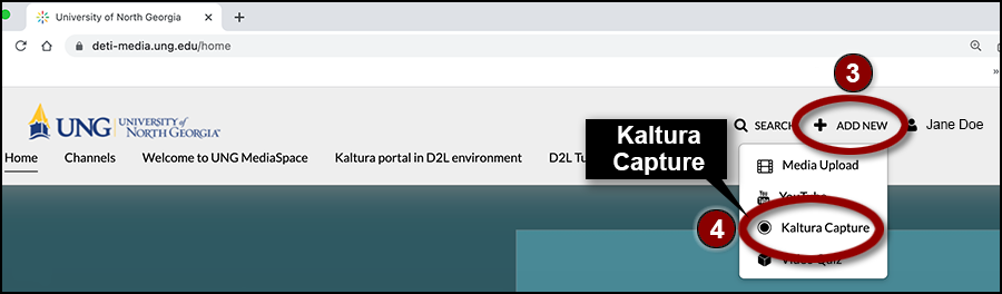 The Add New button is on right and Kaltura Capture link is on the drop-down menu.