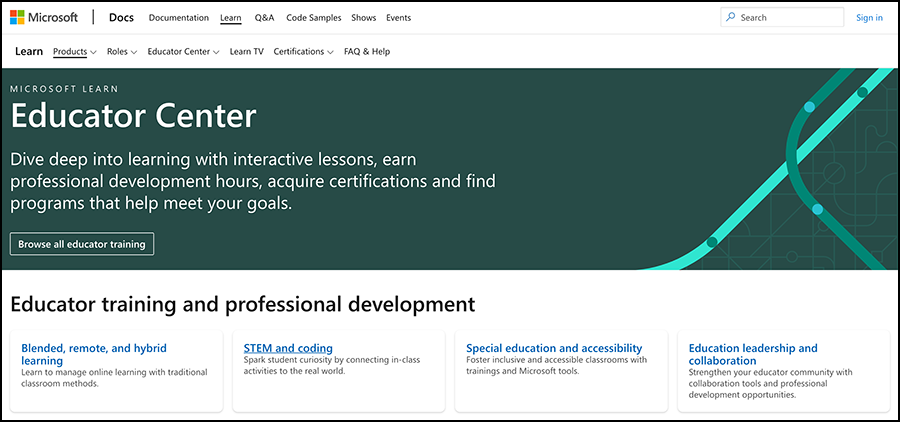 Screenshot of Microsoft Educator Center website.