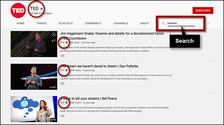 TED channel with checkmarks on channel name and all videos searched in the channel. Magnifying glass for search is on right side of channel links, next to the About link.