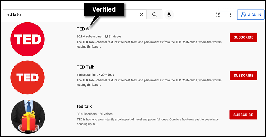 Ted talks filter returns channels that look like the official channel. Only one has a checkmark indicating a verified channel.