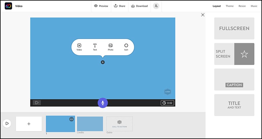 Express video editor with large video player in the center, layout choices on the right side and video clips on the bottom.