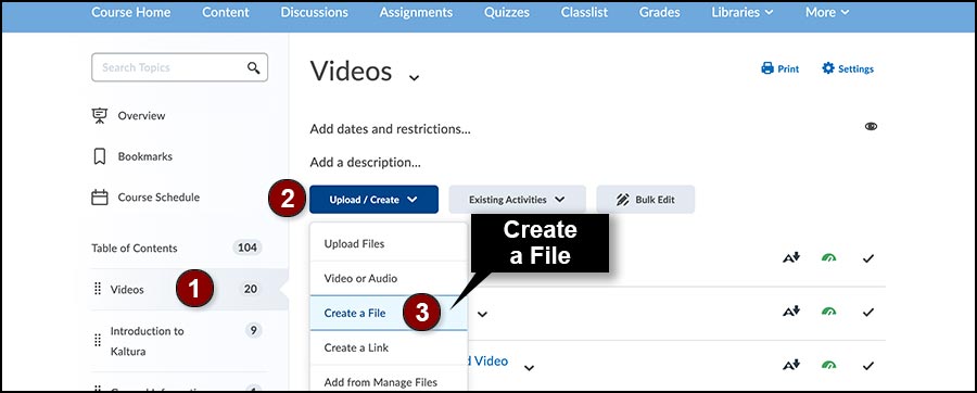 Content section of a D2L course showing modules on left and upload / create button above the module's other content