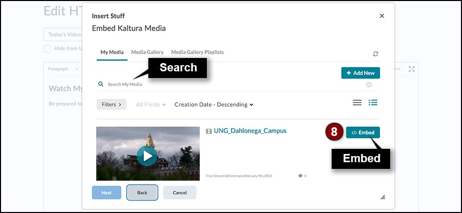 The Embed Kaltura Media window includes a search box, search filters, and all videos in the My Media Repository.