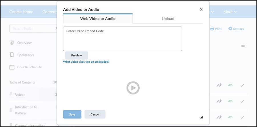 The Add Video or Audio has a box for an external URL or embed code. Click Save when done.