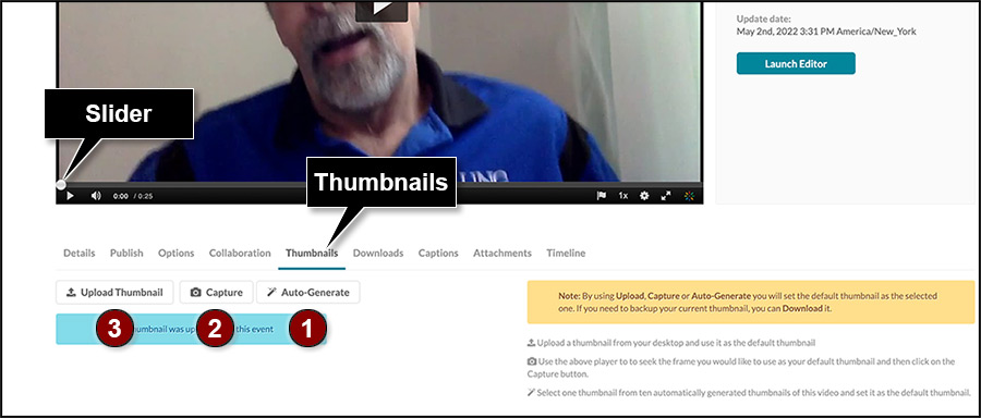 The edit links under the large video player include Collaboration, Captions, and Thumbnails. Click the thumbnails link to reveal the three thumbnail tools buttons.