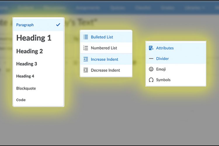 Brightspace Editor with three drop-down menus with a glow around them