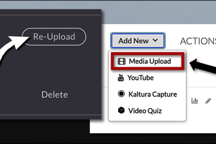 Capture app re-upload button and My Media Media Upload link are highlighted
