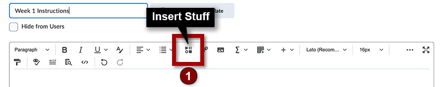 Insert Stuff icon is on the top row of icons of the D2L Brightspace Editor