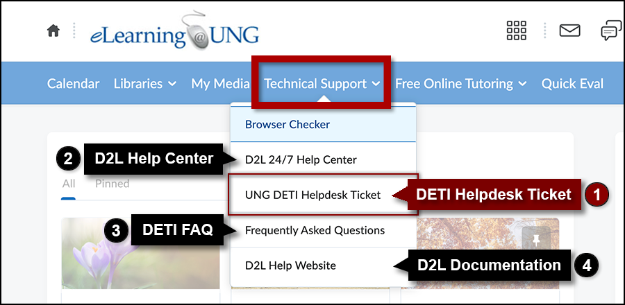 Technical Support menu includes Browser Checker, D2L 24/7 Help Center, UNG DETI Helpdesk Ticket, DETI FAQ, D2L Documentation.