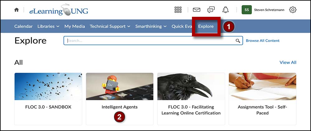 After clicking Explore on the D2L homepage navbar, select from the available items or courses displayed. Four courses are available in this example.